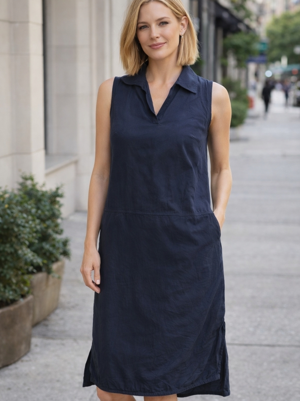 Akris Punto Navy Sleeveless Collared Linen Dress